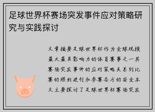 足球世界杯赛场突发事件应对策略研究与实践探讨